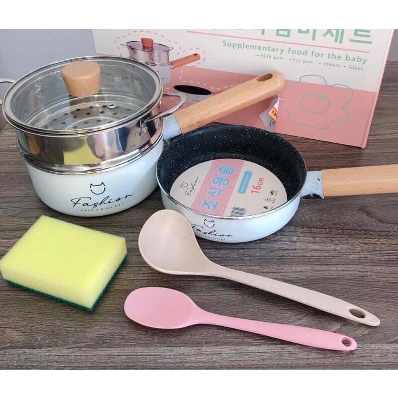 Bộ Nồi Chảo Ăn Dặm Cho Bé Kèm Xửng Hấp, Bộ Nồi Chảo Nấu Ăn Dặm Fashion 16cm Cho Bé Ăn Dặm Kèm Quà Tặng