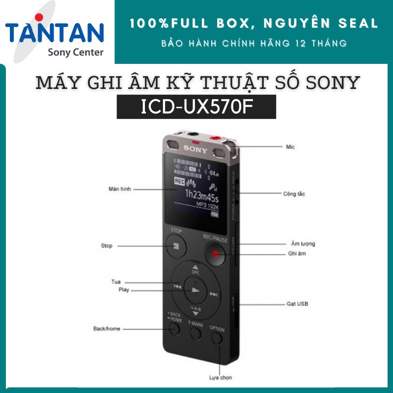 Máy Ghi Âm Kỹ Thuật Số USB Sony ICD-UX570F | 4GB - Khe cắm micro SD  - Màn hình OLED - Pin: 22h - MP3/LPCM
