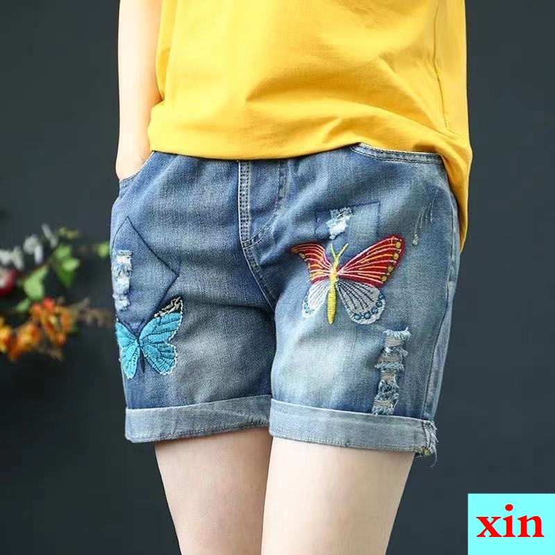 Quần Short Denim Lưng Thun Thêu Hình Bướm Phong Cách Mới Mùa Hè Cho Nữ