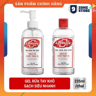 Gel rửa tay khô sạch siêu nhanh Lifebuoy bảo vệ vượt trội 10 (Chai vòi và chai nắp 235ml)