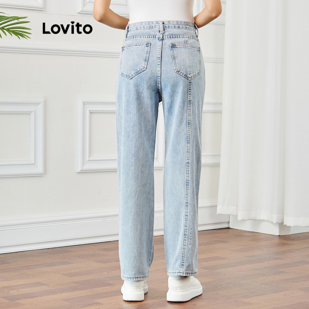Quần jean Lovito hoạ tiết thêu màu trơn bạc màu mặc thường ngày L15X137 (màu xanh dương)