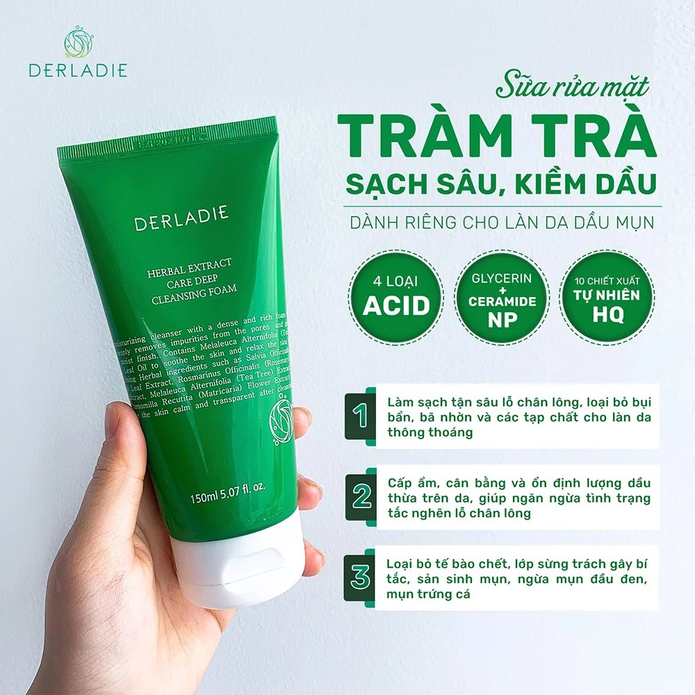 Sữa Rửa Mặt Tràm Trà Sạch Sâu, Kiềm Dầu Cho Da Dầu Mụn Derladie Herbal Extract Care Deep Cleansing Foam 150ml