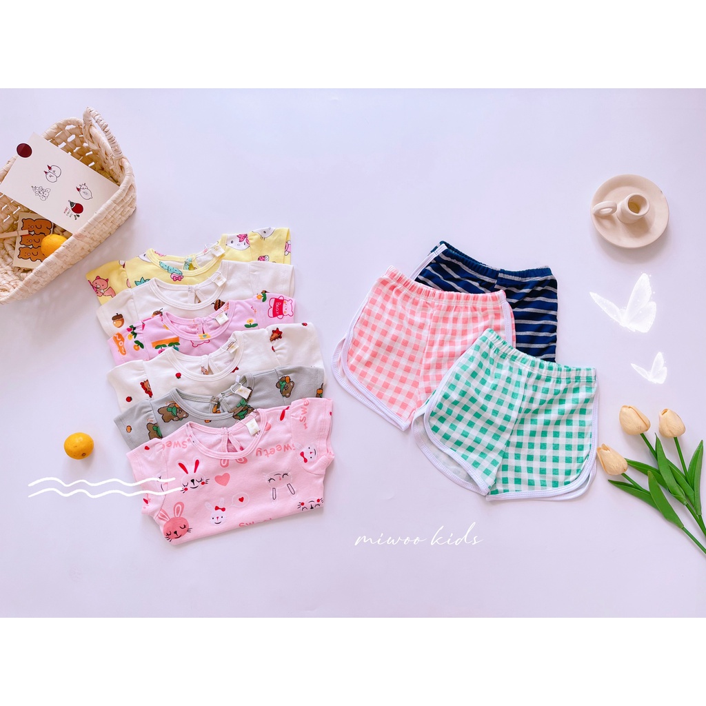 Bộ cộc tay cotton nhún bèo, quần sọc họa tiết dễ thương cho bé gái MIWOO