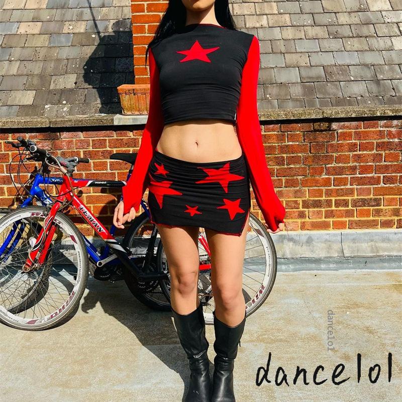 Set Áo Croptop + Chân Váy Xẻ Tà In Họa Tiết Ngôi Sao Thời Trang Cho Nữ 1O1-Grunge 2000s