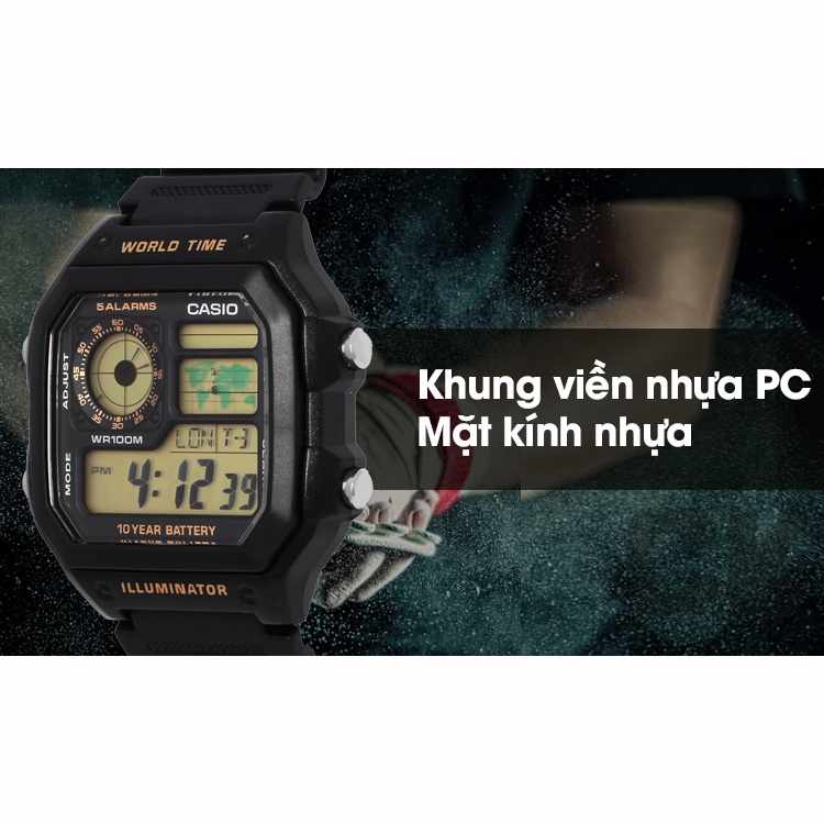 Đồng Hồ Casio Nam AE-1200WH-1BVDF Dây Nhựa - Mặt Vuông Điện Tử - Pin 10 Năm