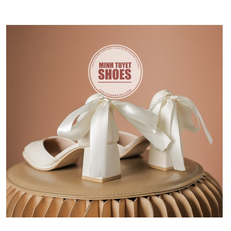 giày nữ minhtuyetshoes đế vuông FROM LỚN LÙI SIZE 5cm bít mũi chuỗi ngọc buộc dây mẫu mới mang đi chơi noel tết cực xinh