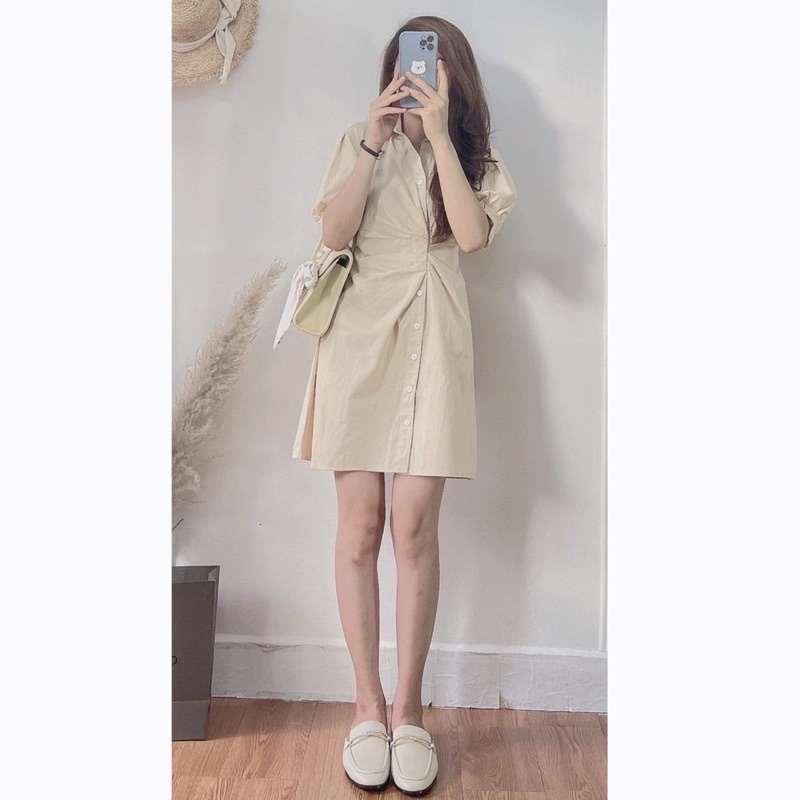 Đầm sơ mi nhúm eo sang chảnh Váy thanh lịch nhẹ nhàng kiểu dáng Hàn Quốc