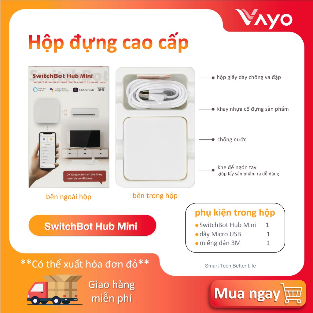 Bộ điều khiển trung tâm thông minh SwitchBot Hub Mini Điều khiển hồng ngoại điều hòa, TV, quạt... liên kết Googlehome