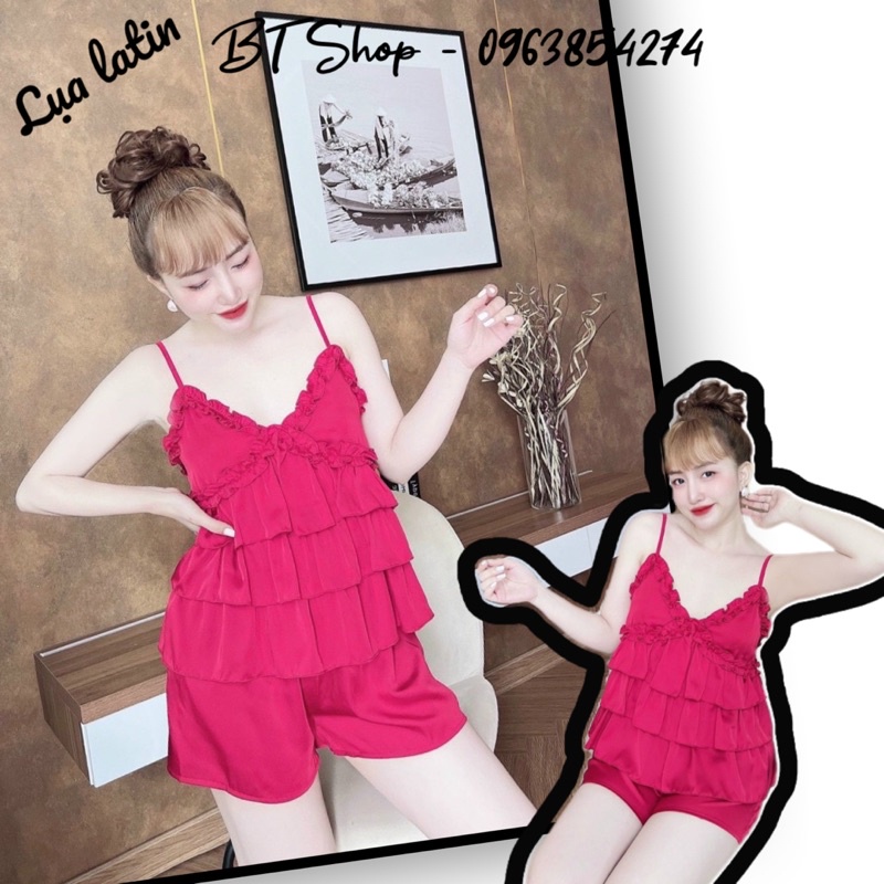 Đồ ngủ mặc nhà lụa latin màu trơn 2 dây quần đùi freesize 42-57kg