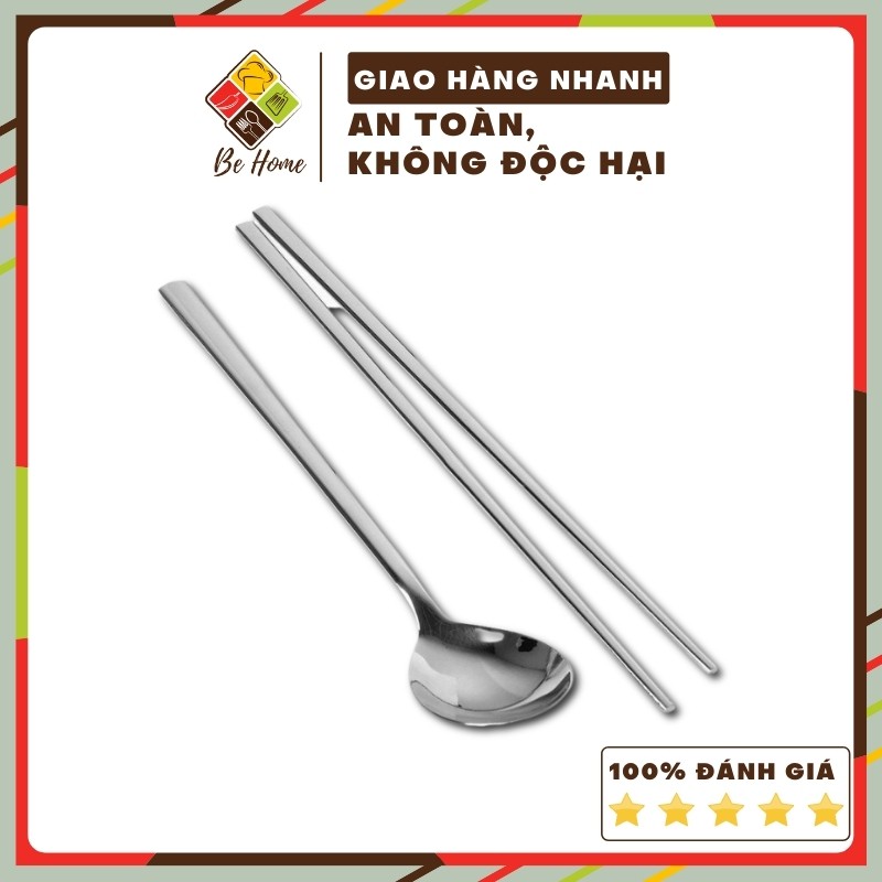 Bộ Đũa Thìa Inox BEHOME Đũa inox cán dài Thìa ăn cơm dẹt Hàn Quốc Sang Trọng - Chống trơn trượt [HÀNG CAO CẤP]