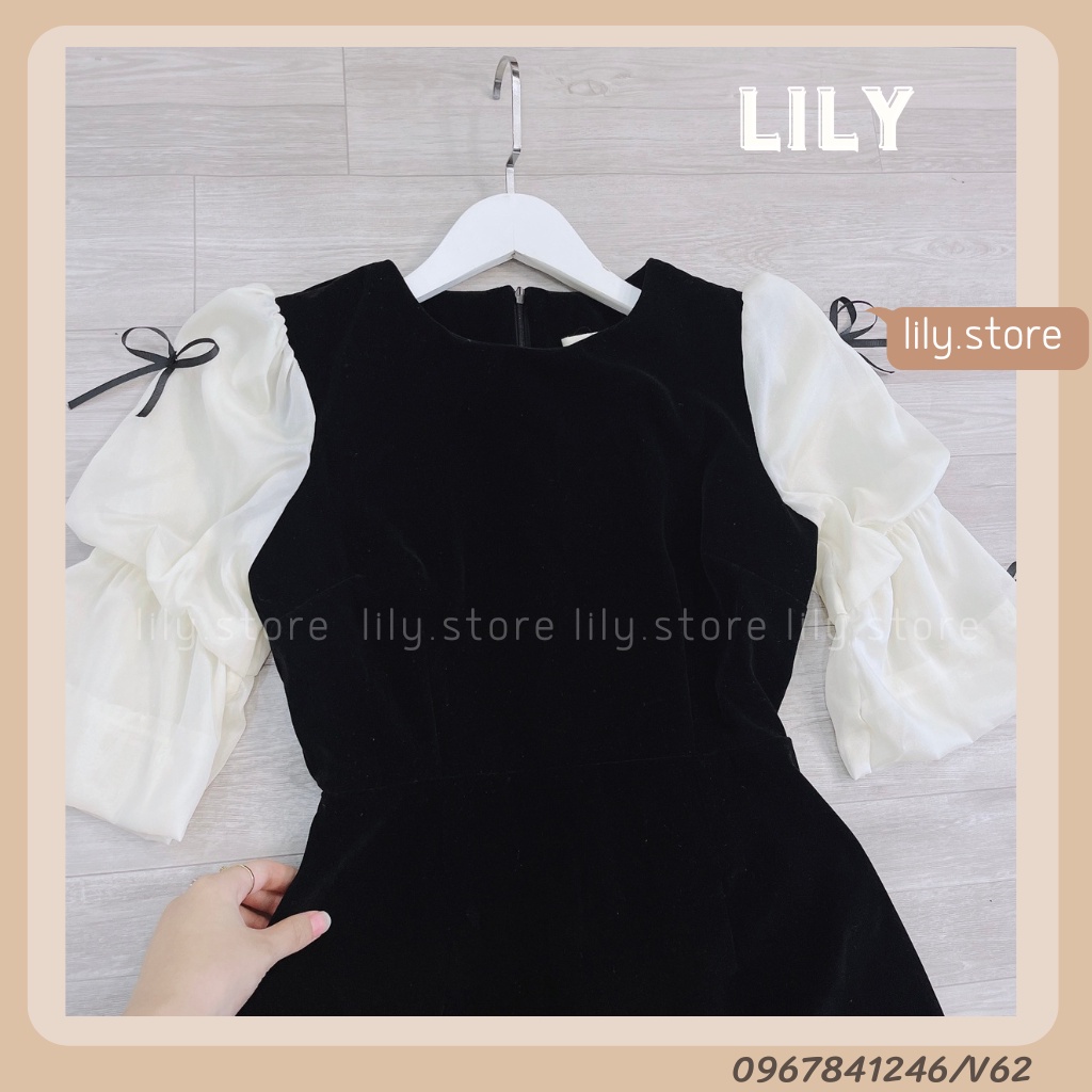 Váy nữ nhung phối tay nữ dáng A, Đầm nữ thiết kế chất nhung phối tay bồng nơ tiểu thư dự tiệc V62 LILY