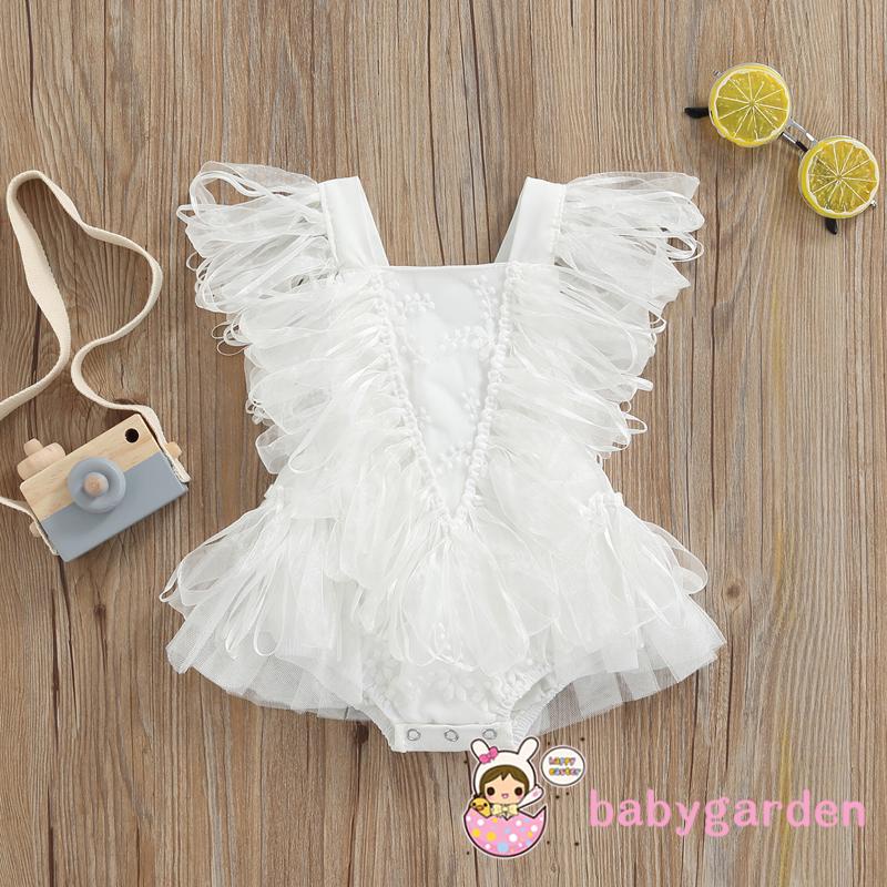 Bộ áo liền quần không tay màu trắng trơn phối ren nhún bèo thời trang mùa hè dành cho bé gái