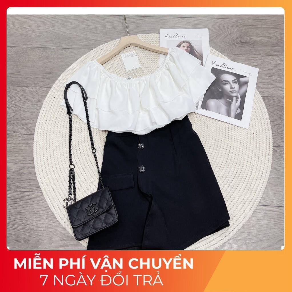 [ 𝐅𝐑𝐄𝐄 𝐒𝐇𝐈𝐏 ] Set Áo Trễ Vai Trắng Mix Chân Váy Cúc Lệch