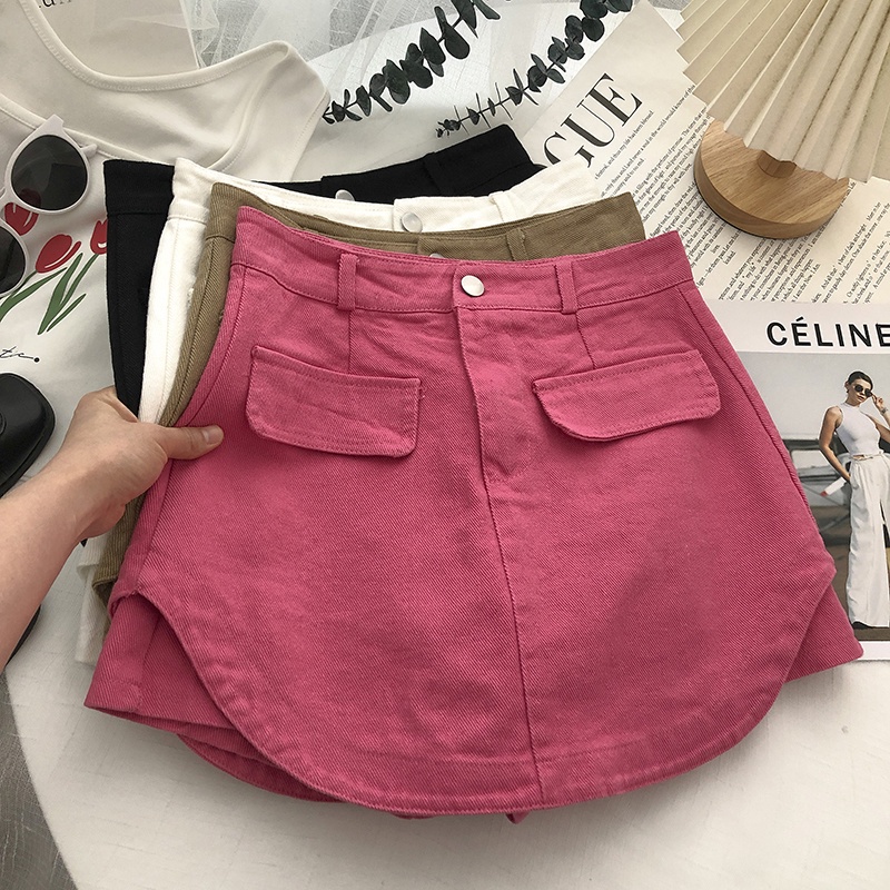 Jiashucheng Chân Váy Denim Kaki Lưng Cao Dáng Ngắn Chống Chói Dễ Phối Đồ