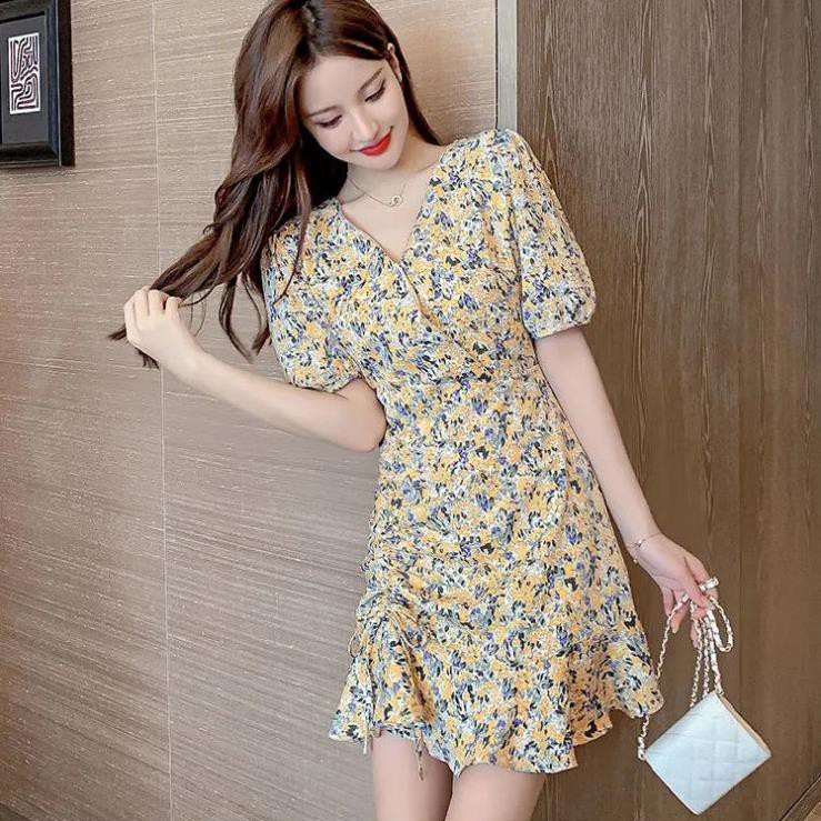 Đầm Jumpsuit Nữ Hoa Nhí Cổ Chữ V Đắp Chéo Nhúng Eo Đuôi Cá Vải Đẹp Mát - MSP D12 new