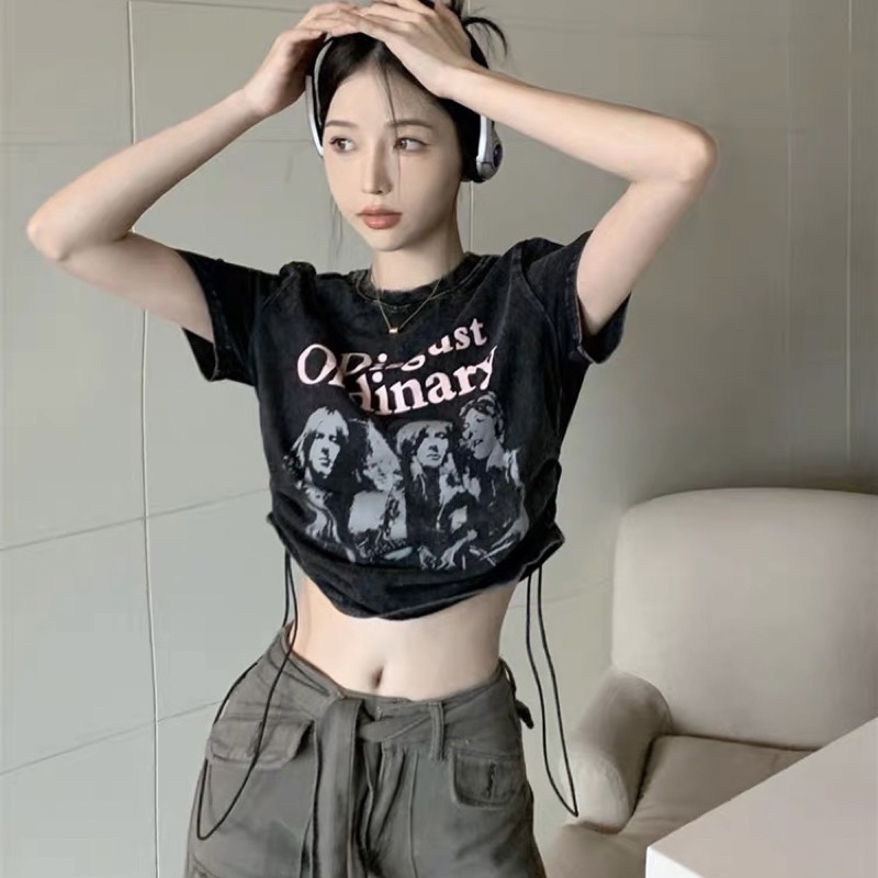 Áo Thun Tay Ngắn Phối Dây Rút In Họa Tiết DISGUST ORDINARY Phong Cách Đường Phố Cổ Điển Thời Trang Cho Nữ_Luviecloset