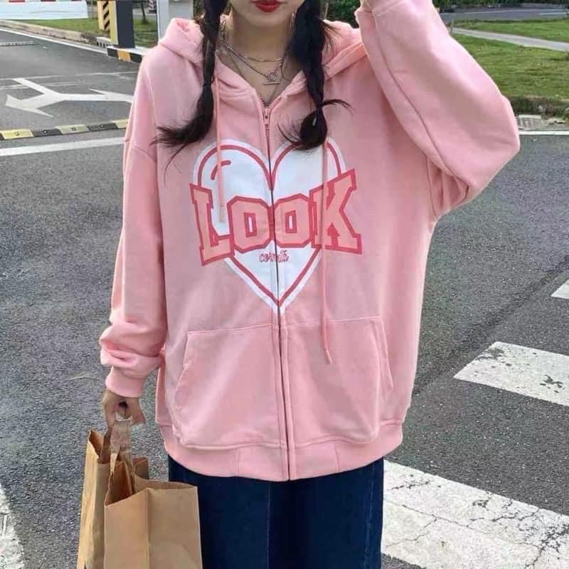Áo Hoodie Hồng LooK Nữ [FREESHIP]  Hodie Mũ form rộng tay bồng, kiểu dáng vintage cá tính Ulzzang
