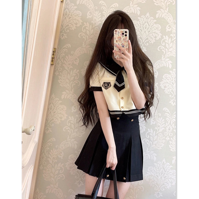 Set Áo Sơ Mi + Chân Váy Xếp Ly Phong Cách Thủy Thủ Thời Trang Hàn Quốc Dành Cho Nữ