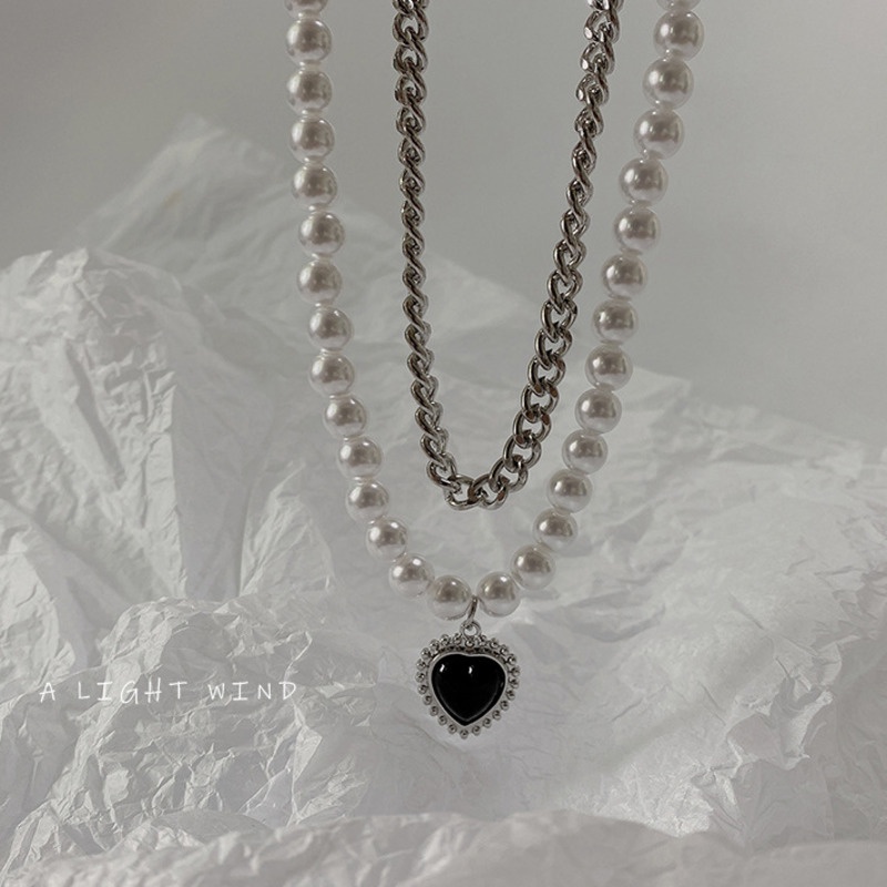 Vòng cổ 19A1256 hai lớp dạng chuỗi ngọc trai mặt hình trái tim màu đen phong cách sang trọng dễ phối đồ