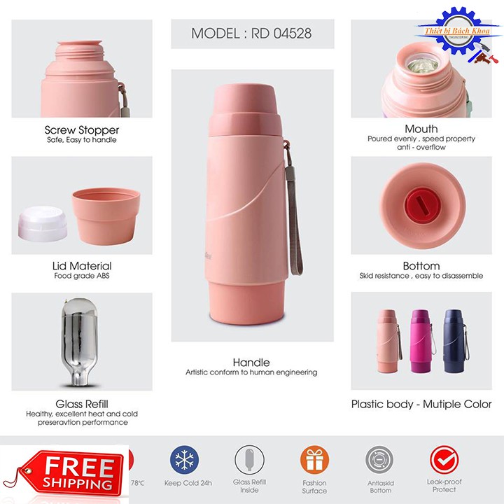 Phích nước cầm tay tiện dụng 0,45L, Bình ủ cháo 0,85L, Rạng Đông chính hãng, bình giữ nhiệt-Tặng túi mang siêu đẹp