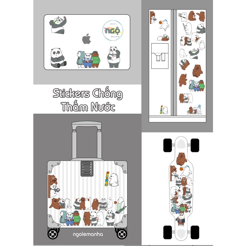 Bộ 36 Stickers Bộ 3 Gấu Trắng Nâu Trúc