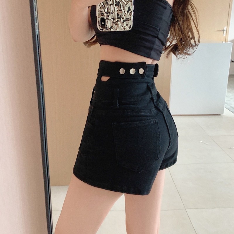 Quần Short Denim Lưng Cao Thiết Kế Khoét Lỗ Quyến Rũ