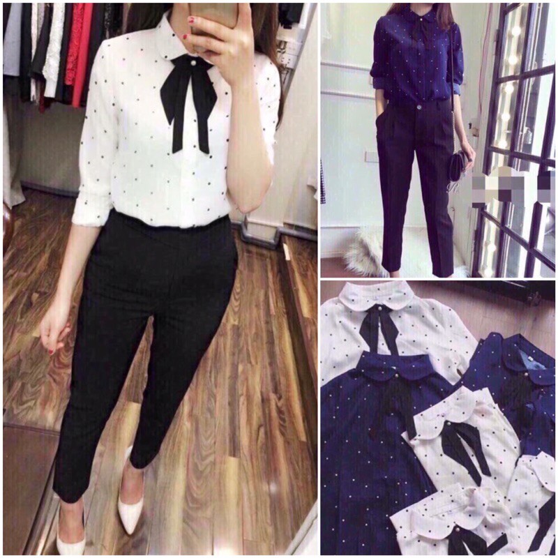 Áo Sơ mi chấm bi cổ đức cổ nơ 2 màu cho nữ