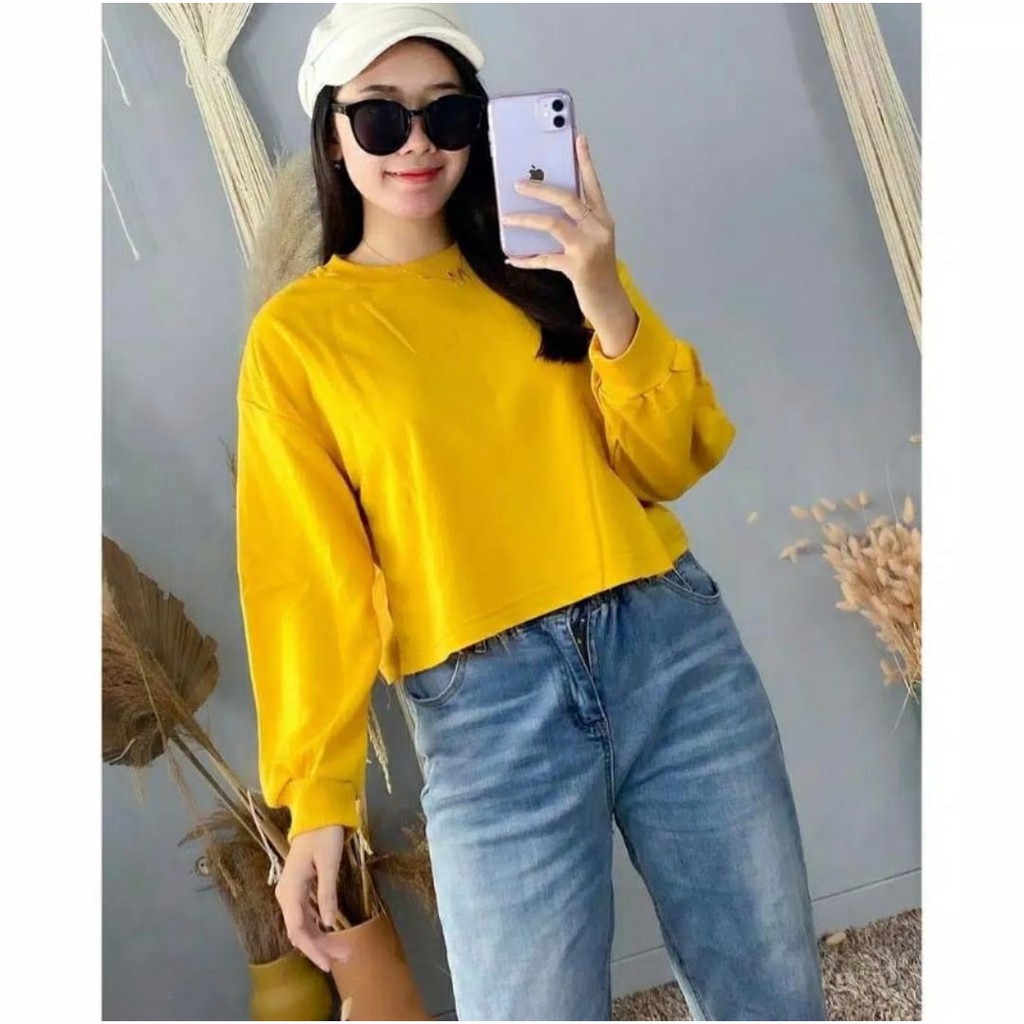 Áo Len Croptop Tay Dài Form Rộng Màu Trơn Thời Trang Cho Nữ