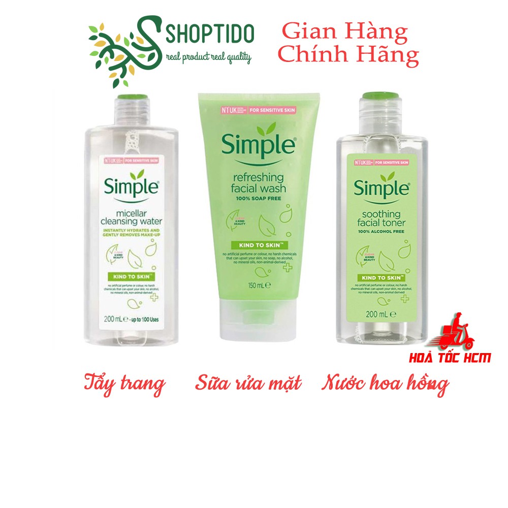 Nước tẩy trang, Nước hoa hồng, Sữa rửa mặt SIMPLE Giúp Da Sạch Sâu Và Cấp Ẩm Cho Da SIMPLE Kind To Skin NPP Shoptido | BigBuy360 - bigbuy360.vn