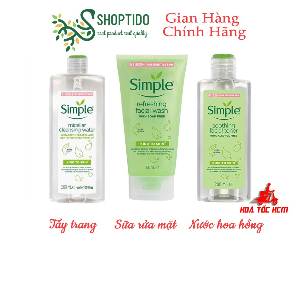 Nước tẩy trang, Nước hoa hồng, Sữa rửa mặt SIMPLE Giúp Da Sạch Sâu Và Cấp Ẩm Cho Da SIMPLE Kind To Skin NPP Shoptido