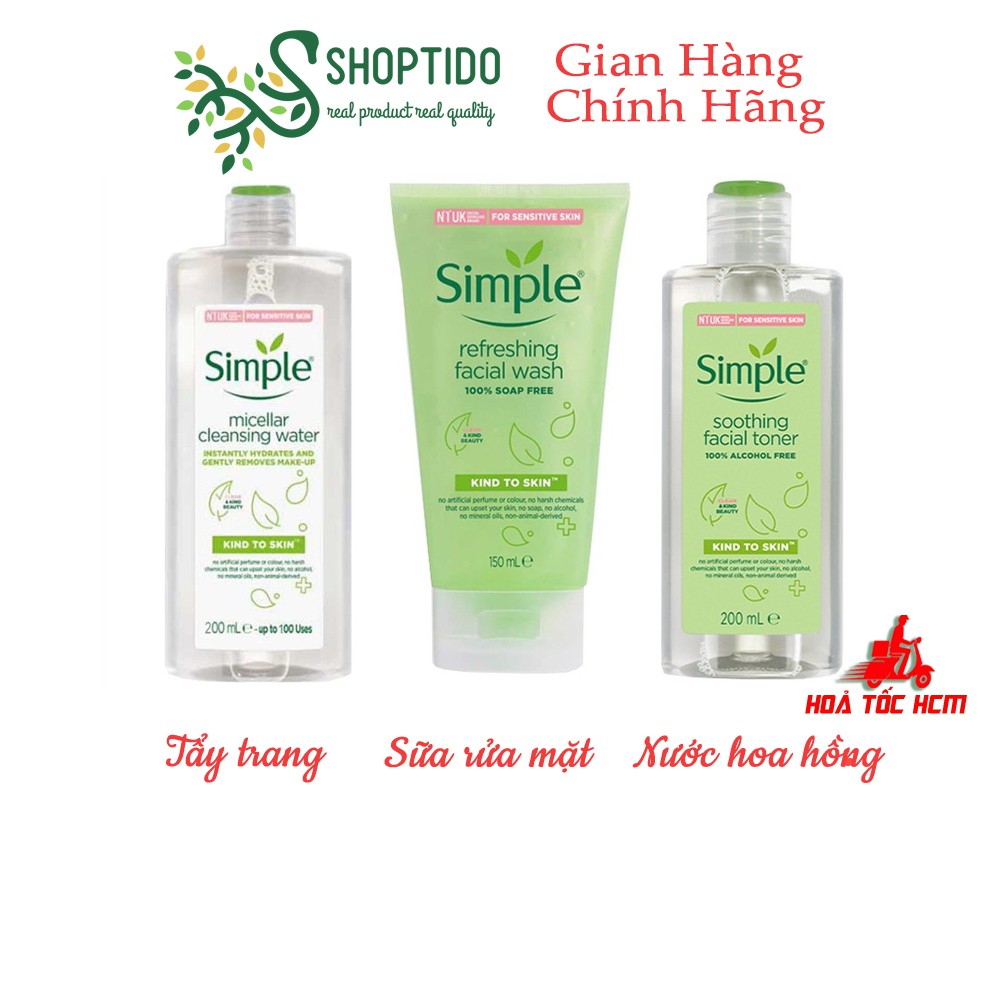 Nước tẩy trang, Nước hoa hồng, Sữa rửa mặt SIMPLE Giúp Da Sạch Sâu Và Cấp Ẩm Cho Da SIMPLE Kind To Skin NPP Shoptido