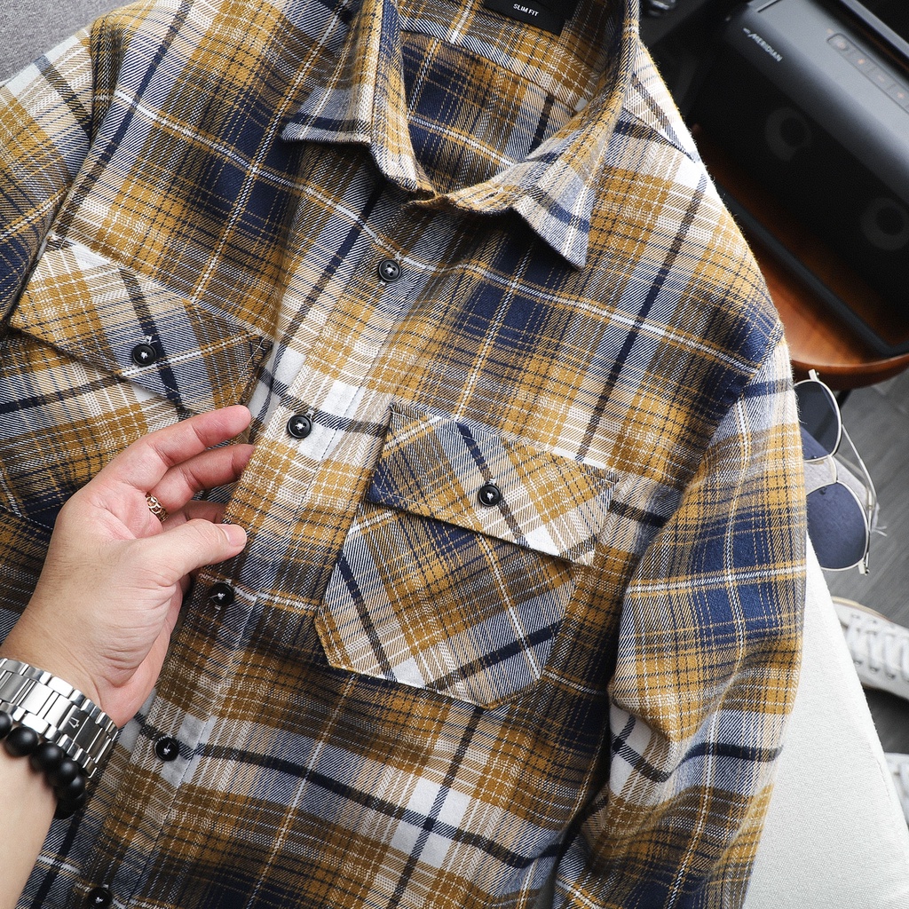 Áo Sơ Mi Nam Tay Dài Phối Sọc Caro, Vải Flannel Cotton, 02 Màu, Form Relaxed Fit SMBO0058 160STORE | BigBuy360 - bigbuy360.vn
