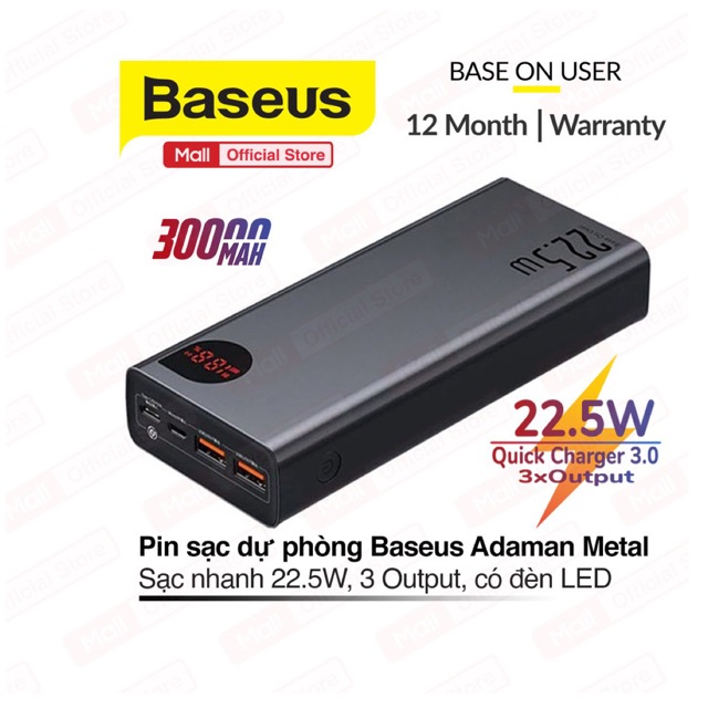 Pin sạc dự phòng Baseus Adaman Metal dung lượng khủng 30000mAh, sạc nhanh 22.5w, 3 Output, màn hình LED hiển thị