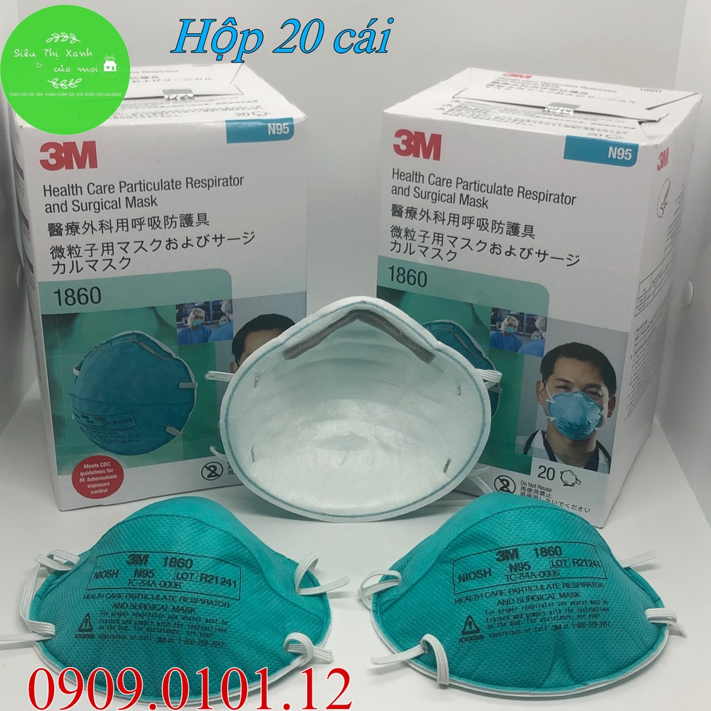 Khẩu trang 3m 1860 chính hãng hộp 20 cái, N95 mask cao cấp đạt tiêu chuẩn NIOSH (Mỹ)