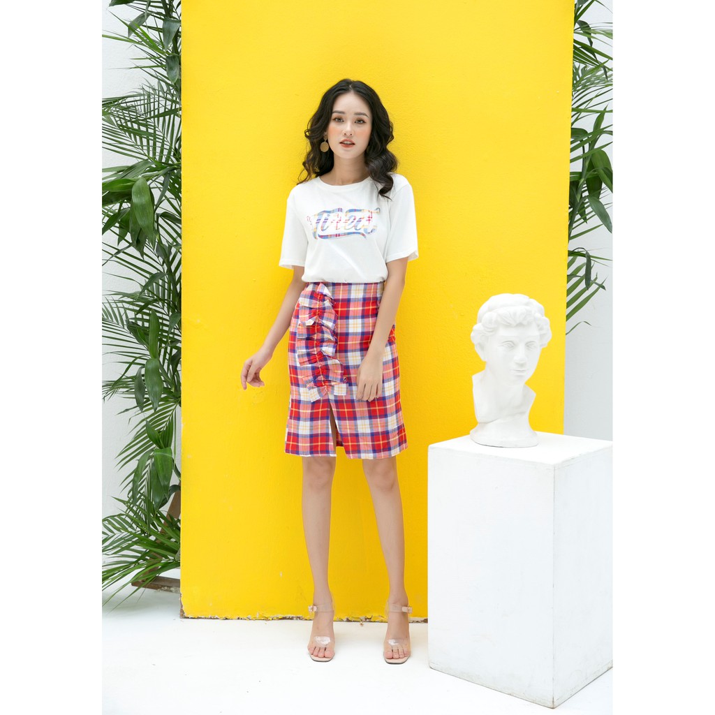 [Mã FASHIONIFU200 giảm 0.4 đơn 449k] Chân váy ôm kẻ phối nơ xếp IFU 2474 xanh đỏ | BigBuy360 - bigbuy360.vn