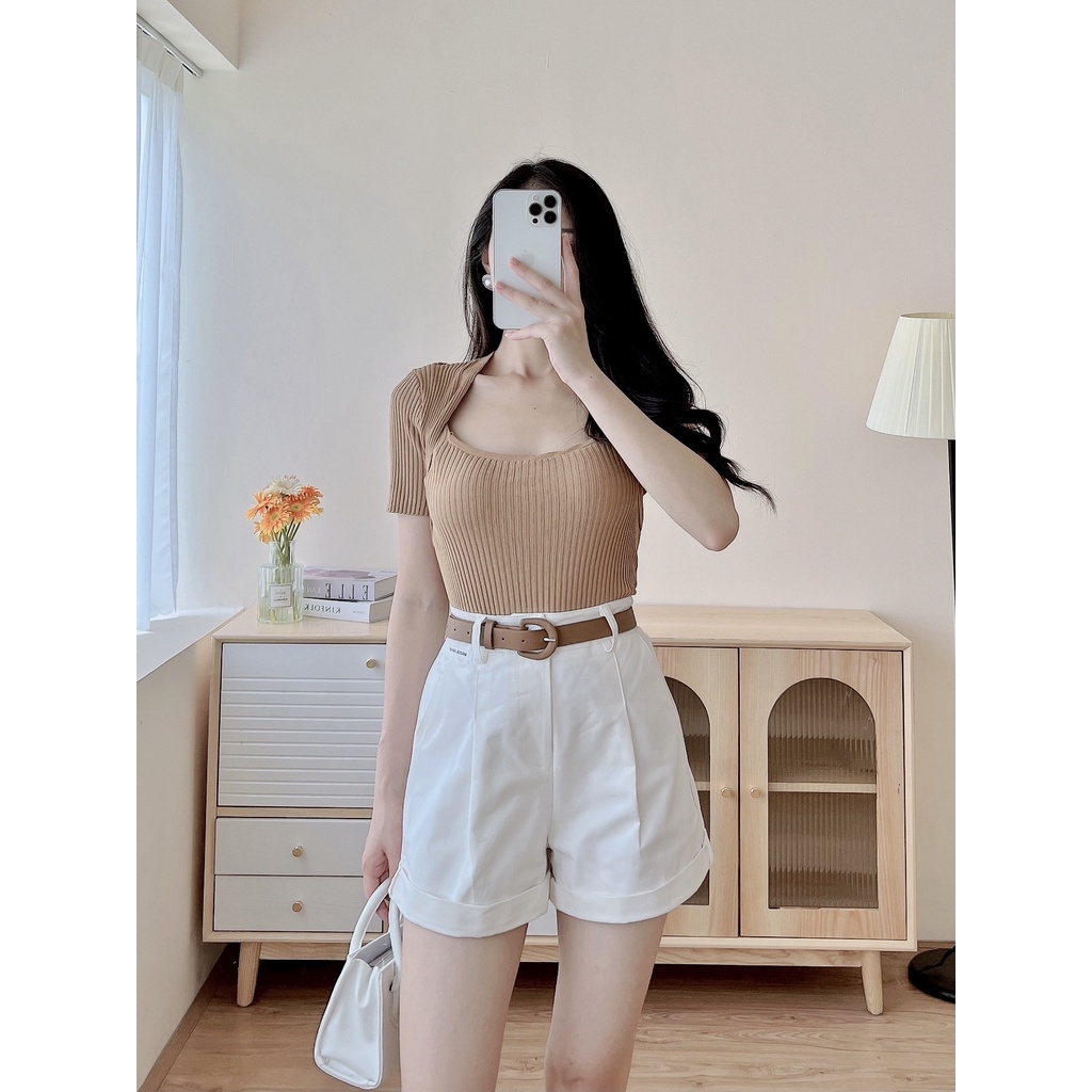 Áo len tăm kiểu trễ cổ thiết kế trẻ trung co dãn mix Quần sooc Quần baggy Eva Lover