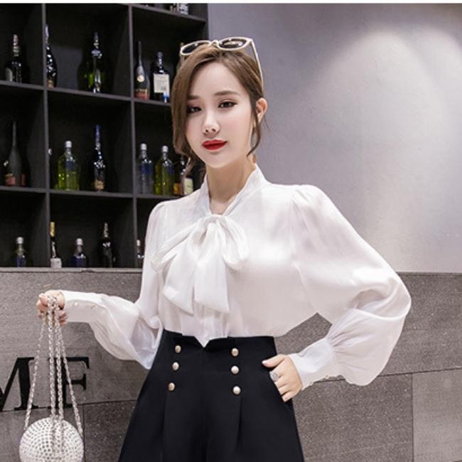 Áo sơ mi trắng nữ, áo sơ mi dài tay nữ kiểu thắt nơ tiểu thư vảo tơ - Mia Shore M108