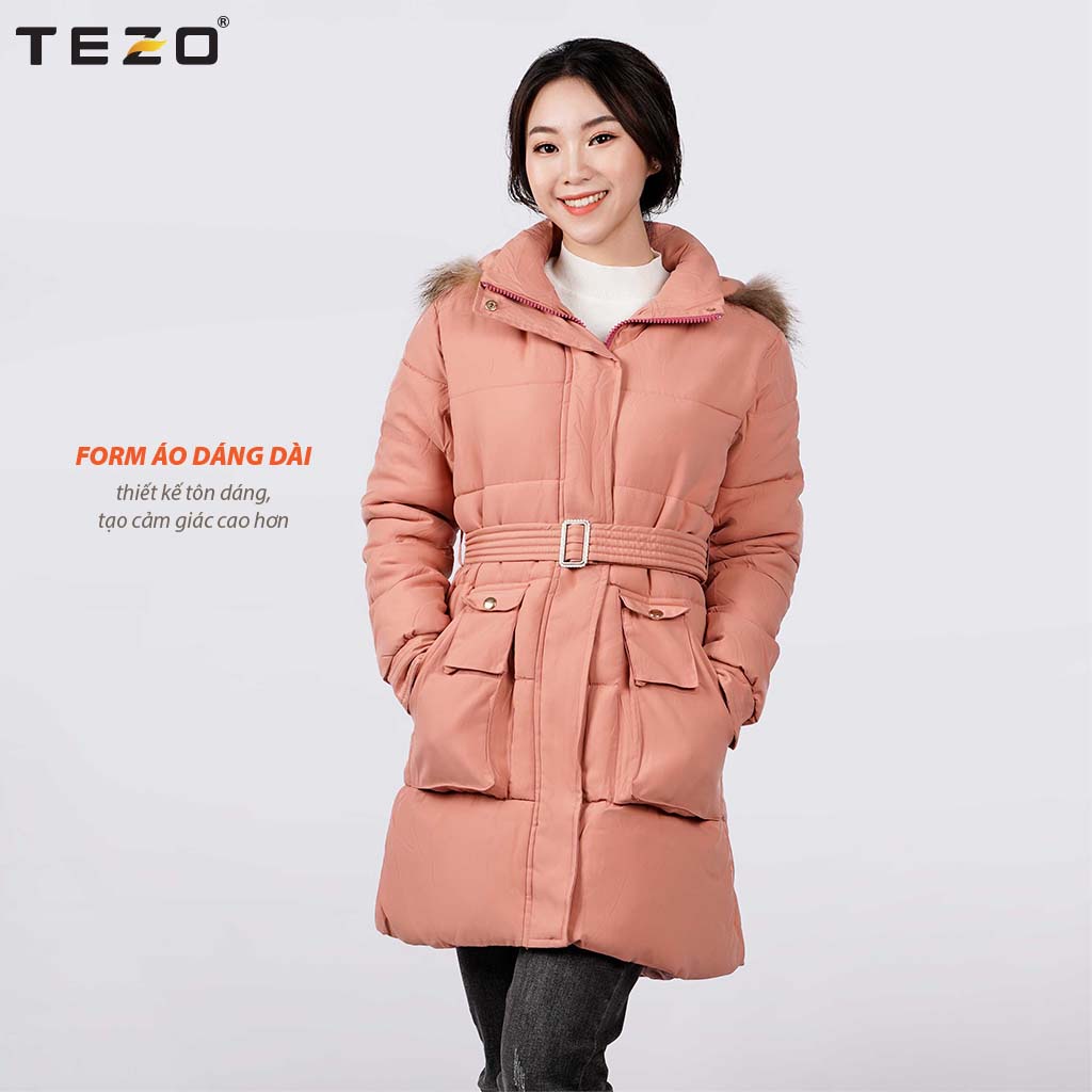 Áo phao nữ TEZO, áo phao dáng dài mũ lông kèm đai 2 màu mã 2111APDD01
