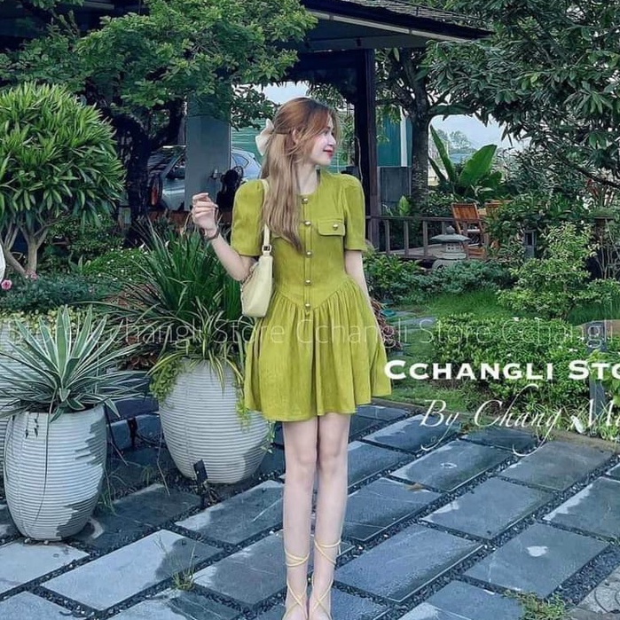 Váy dự tiệc ,váy gân cổ tròn thiết kế dáng xòe tay bồng tiểu thư sang chảnh đi làm dạo phố XM đầm nữ Minh Phúc