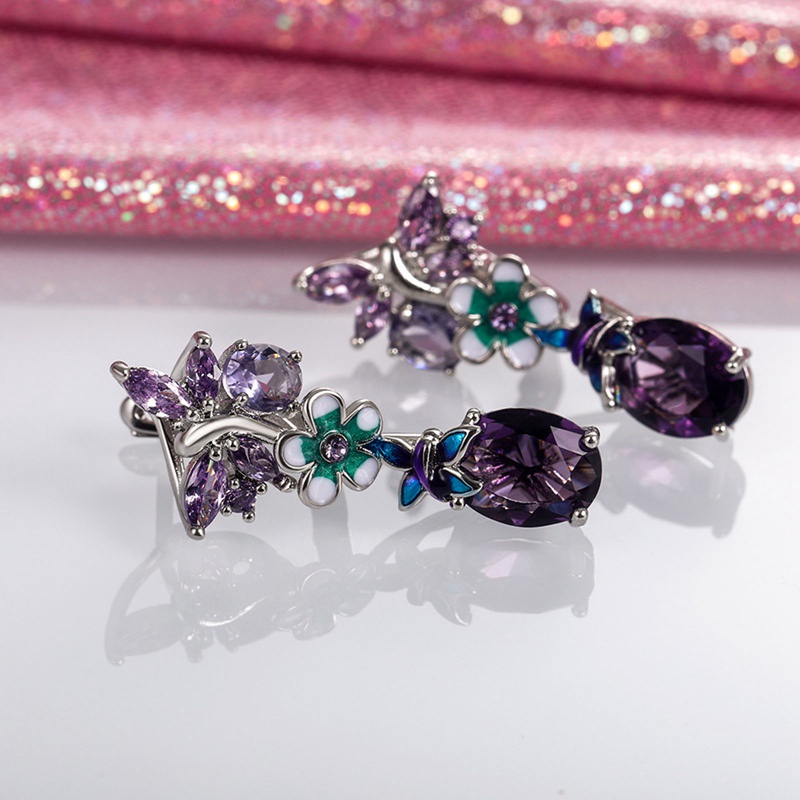 Đôi khuyên tai hình oval màu tím đính đá zircon phong cách Âu Mỹ thời trang mới cho nữ