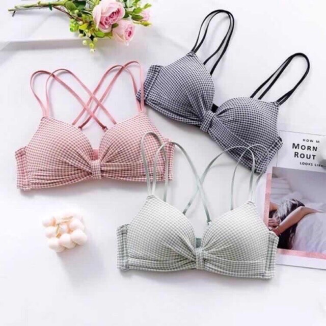 [Cả Bộ Bộ Đồ Lót Nhún Nơ Phối Kẻ Không Gọng Siêu Xinh