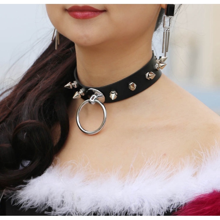 Màu bạc O-Round Spike Vòng cổ nữ Cổ áo khai thác cho phụ nữ 2019 Punk Leather Chocker Trang sức gothic