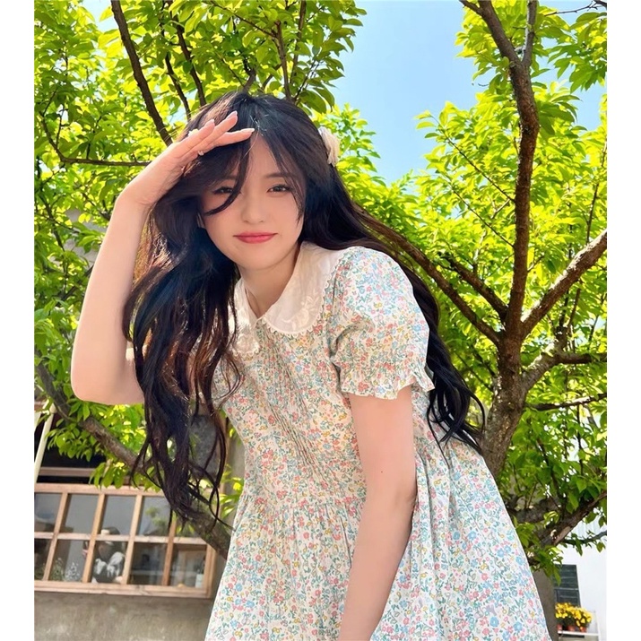 ĐẦM BBD HOA CỔ SEN TRẮNG NGỰC XẾP LY