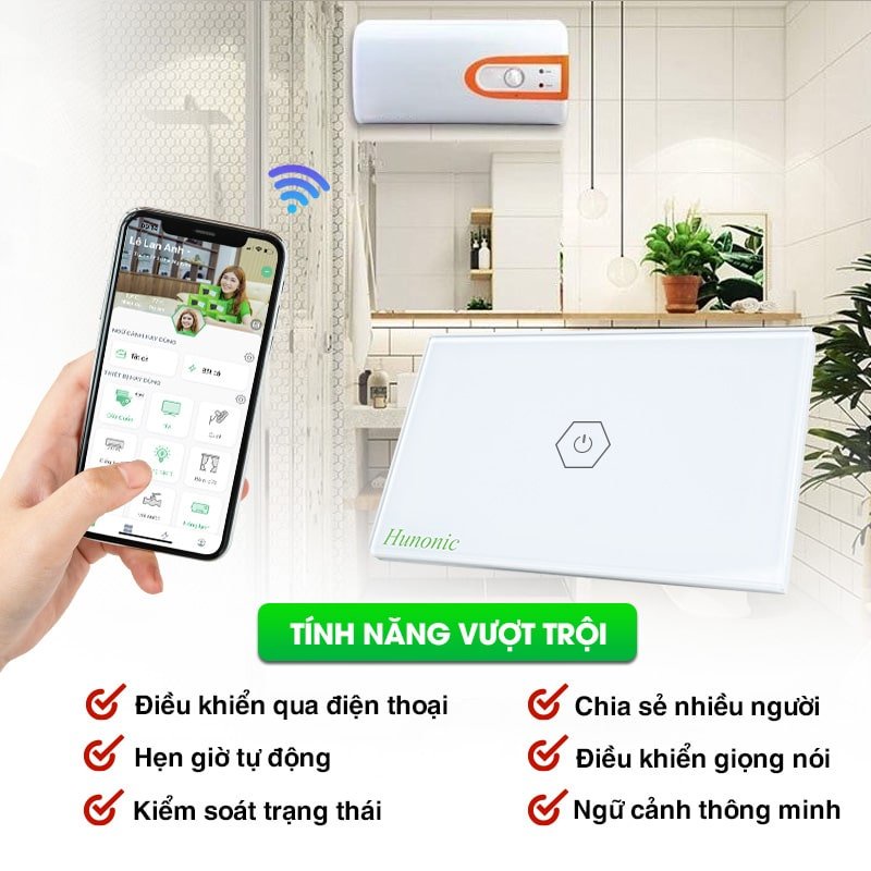 Công Tắc Thông Minh Hunonic 1 Nút Dùng Cho Điều Hòa, Bình Nóng Lạnh