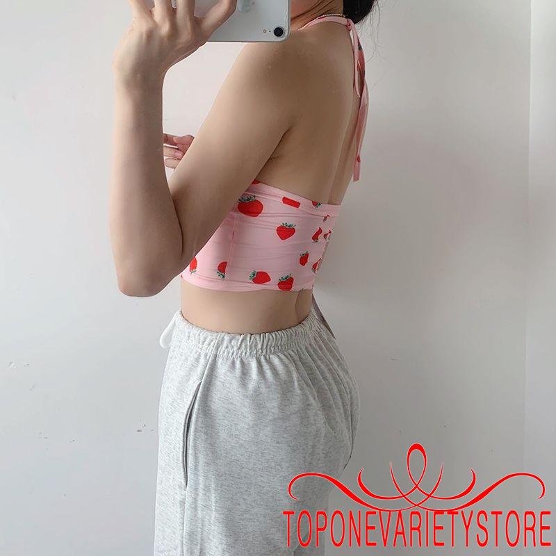 Áo Lửng Hai Dây In Họa Tiết Trái Dâu Xinh Xắn Dành Cho Nữ | BigBuy360 - bigbuy360.vn