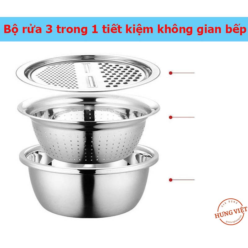 Bộ rổ và chậu inox kèm mâm nạo, bào và gọt vỏ rau, củ, quả 3 trong 1 (3 in 1, 3 chi tiết) đa năng, tiện dụng, tiết kiệm