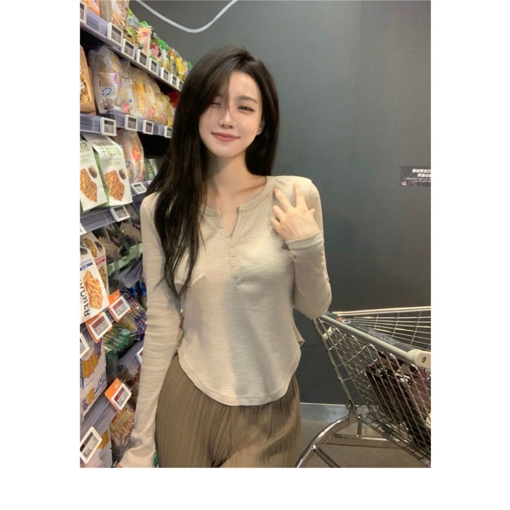 Áo Thun Nữ Dài Tay Cổ Tròn Sọc Caro Thời Trang Hàn