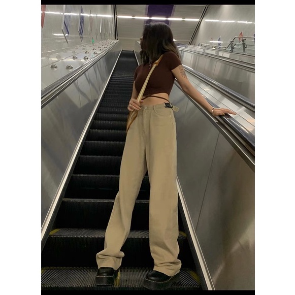 Quàn jean nữ ống rộng màu beige, quần bò ống rộng dành cho người thấp, ShopBei.T