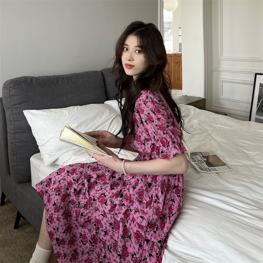 Váy Hoa Cổ Điển 175286 Đầm Dài Qua Gối Cổ Chữ v In Họa Tiết Hoa Thanh Lịch Dành Cho Nữ