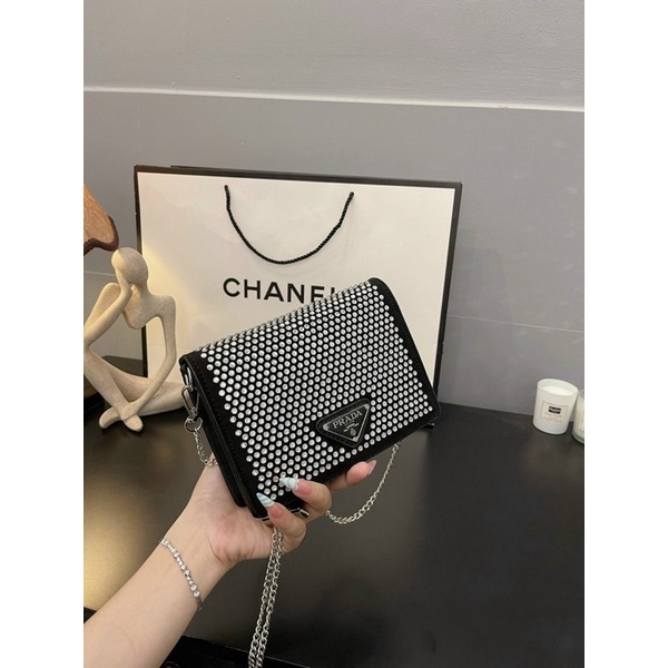 Túi P.R.A.D.A Mini Đính Đá, Túi Nữ Đeo Chéo Size 13cm